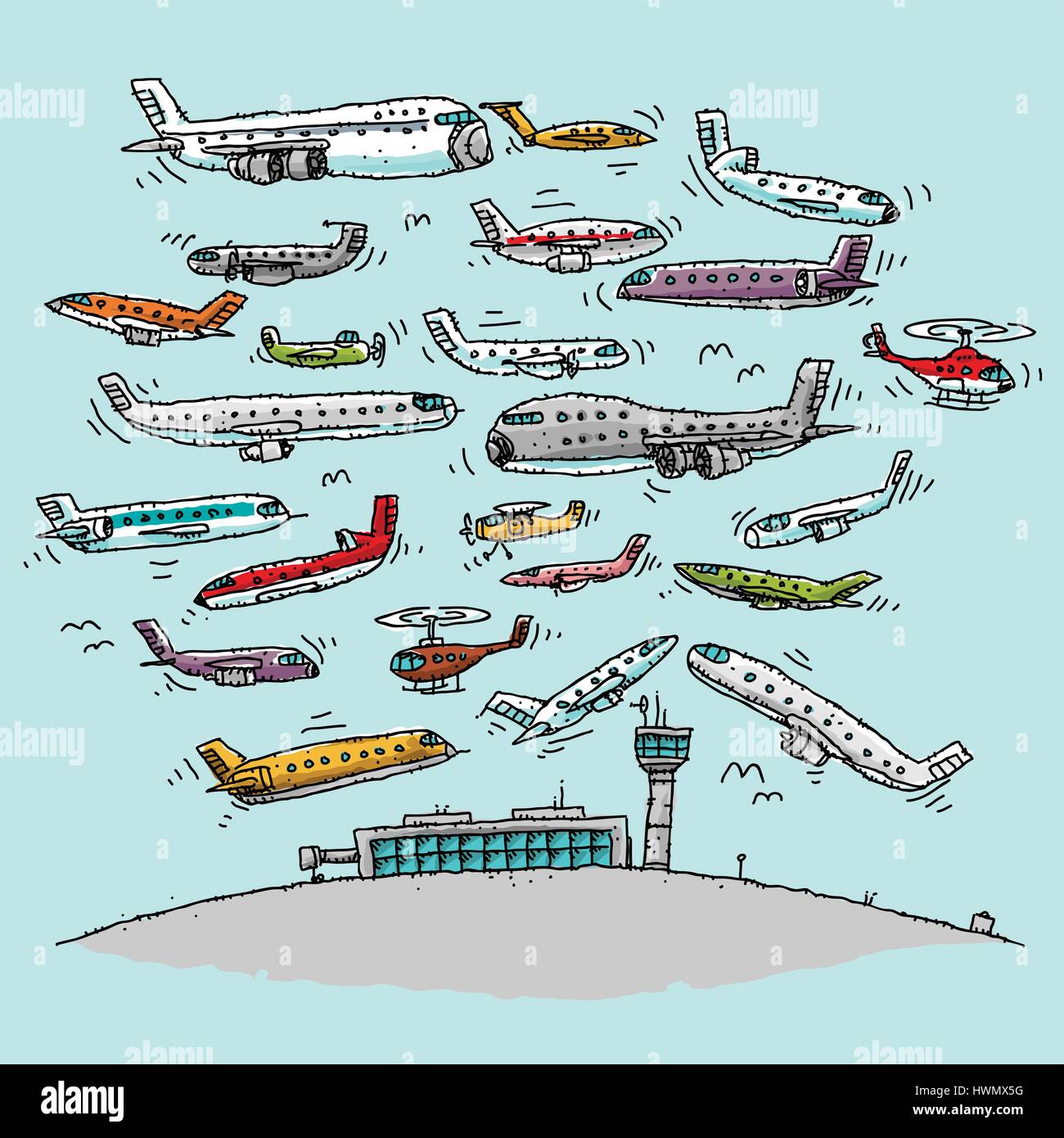 A cartoon of airspace above an airport crowded with a variety of planes. Stock Vector