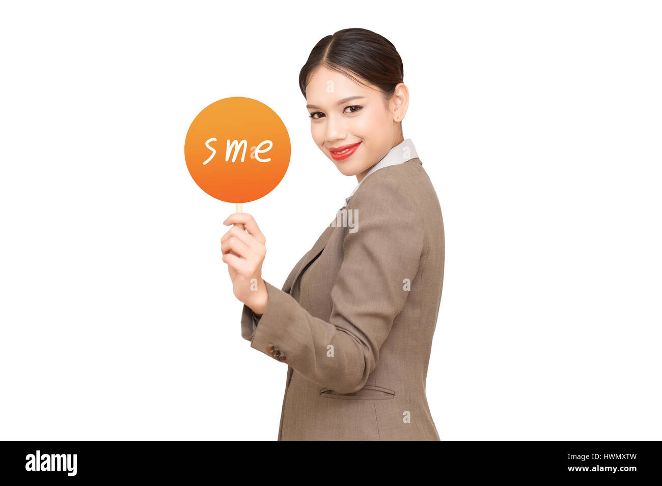Businessgirl holding contact card with SME message Stock Photo Alamy