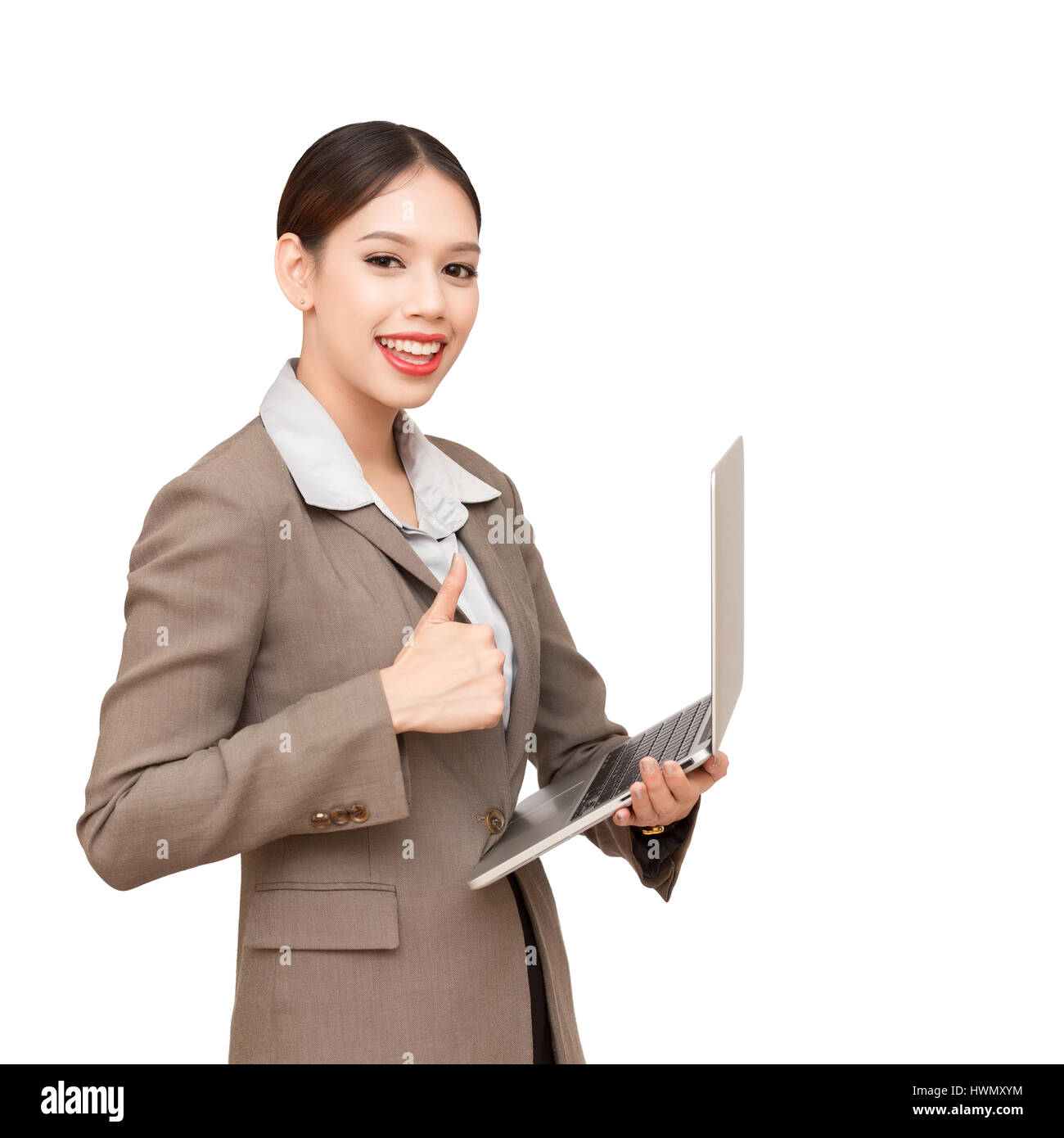 Business woman with laptop computer and thumb up. isolated on white ...