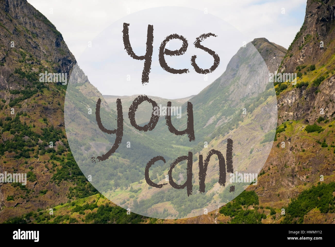 Valley And Mountain, Norway, Text Yes You Can Stock Photo