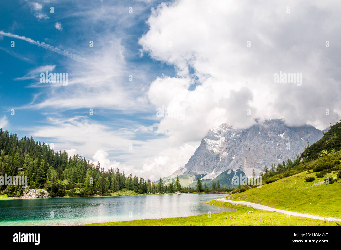 view on Zugspitze mountain from Seeben lake Stock Photo - Alamy