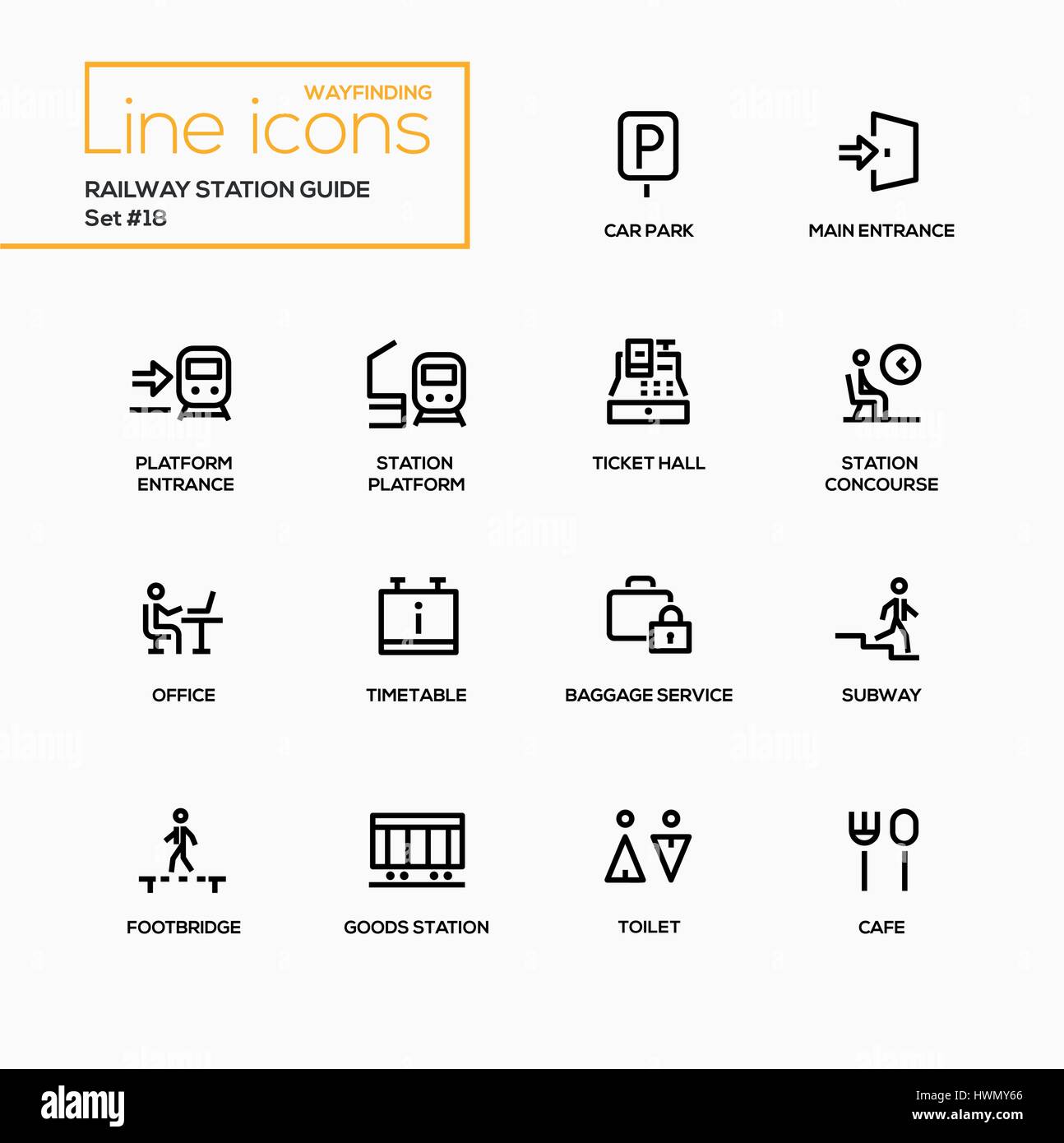 Railway Station Guide modern vector single line icons set Stock
