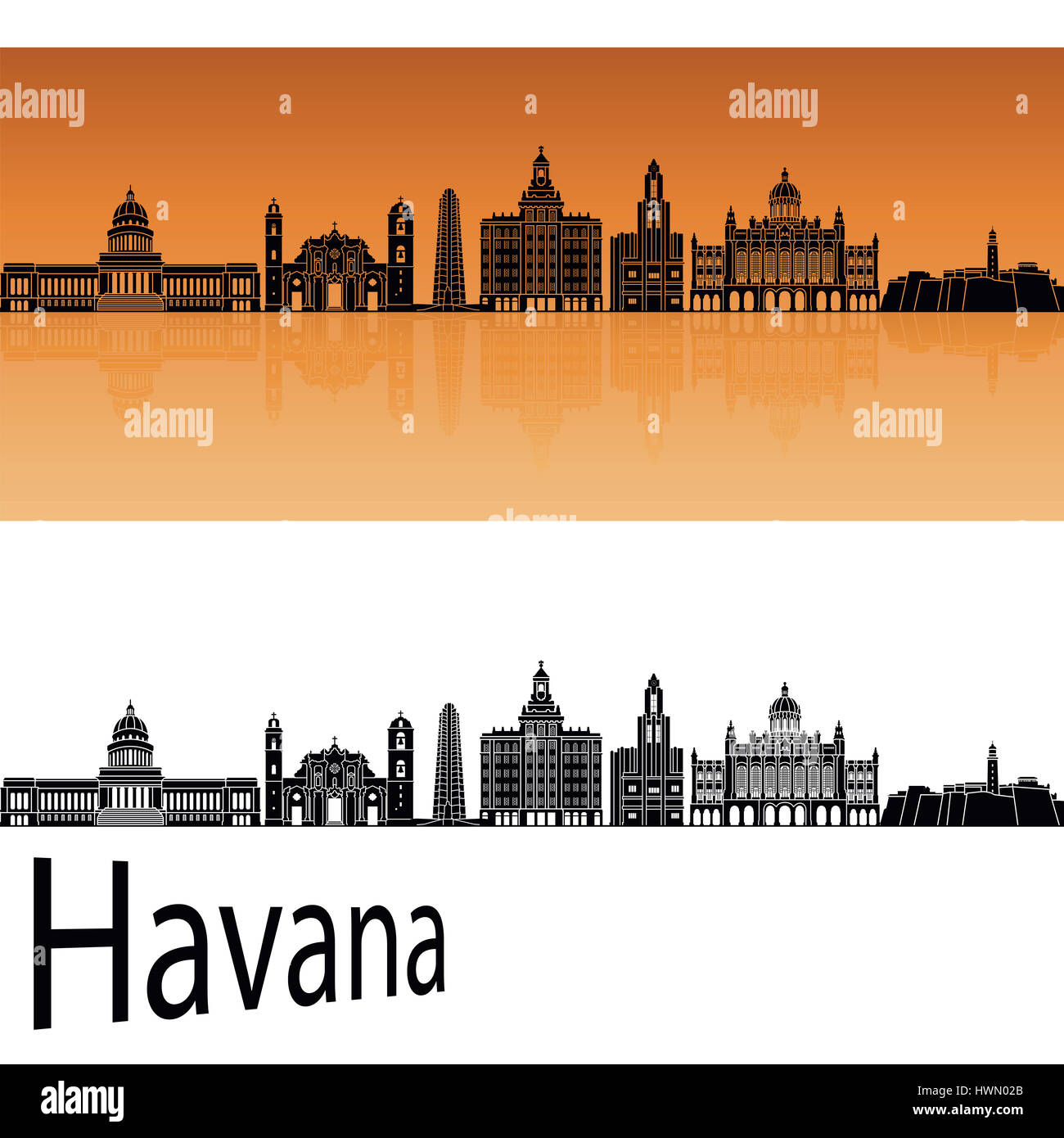Havana V2 skyline in orange background in editable vector file Stock Photo