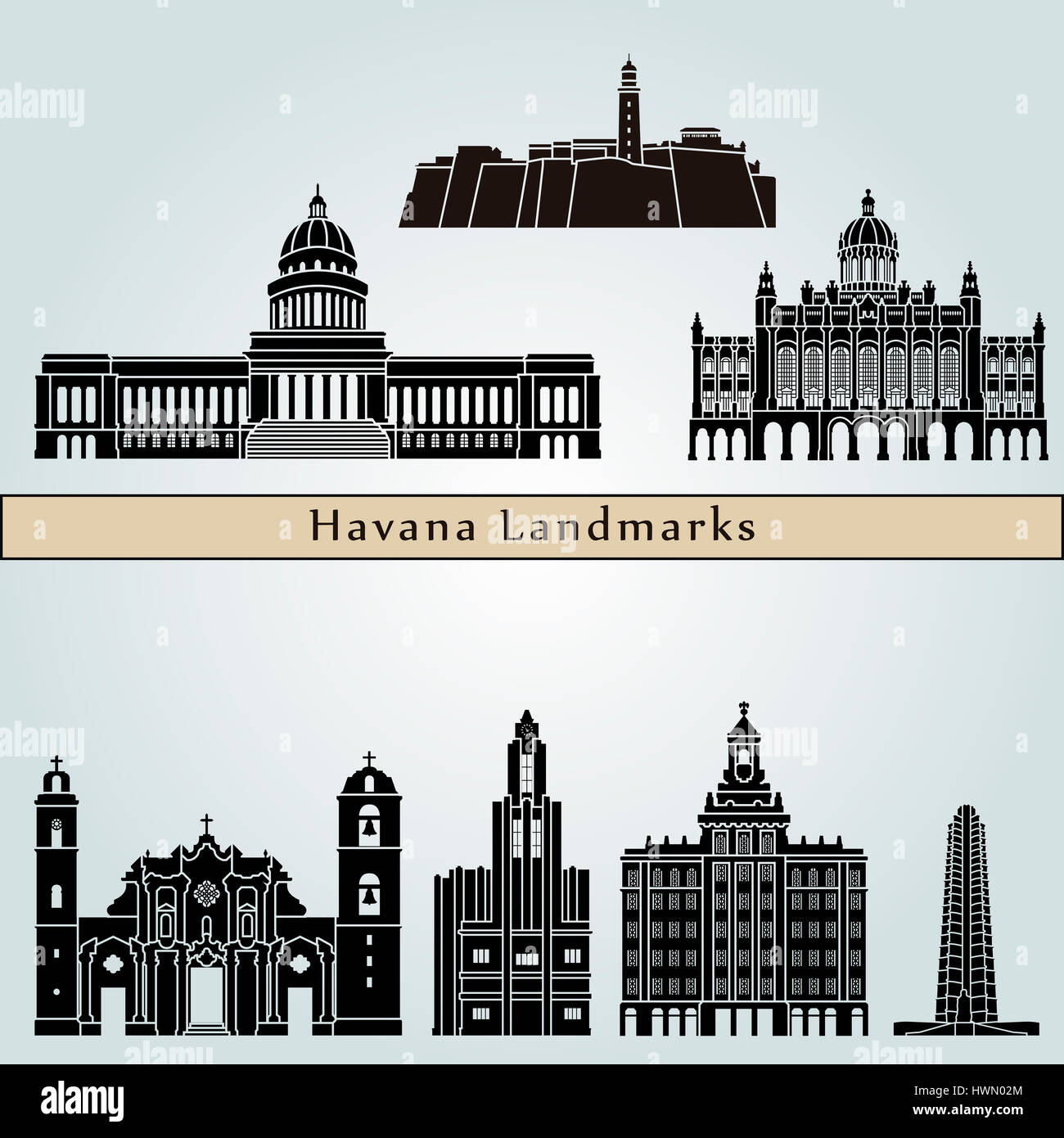 Havana V2 landmarks and monuments isolated on blue background in editable vector file Stock Photo