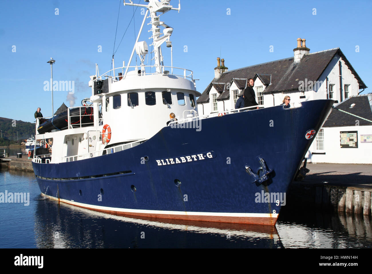 Elizabeth G Scottish Cruise Ship Cruising through Neptune's Staircase on Thomas Telford's Caledonian Canal in the Highlands of Scotland. Stock Photo