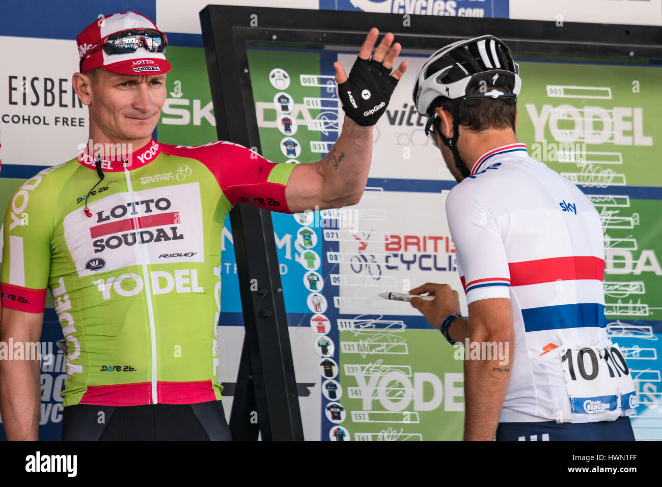 Adam Blythe and Andre Greipel sign in at Stage 4 of the Tour of Britain 2016 in Denbigh Stock Photo