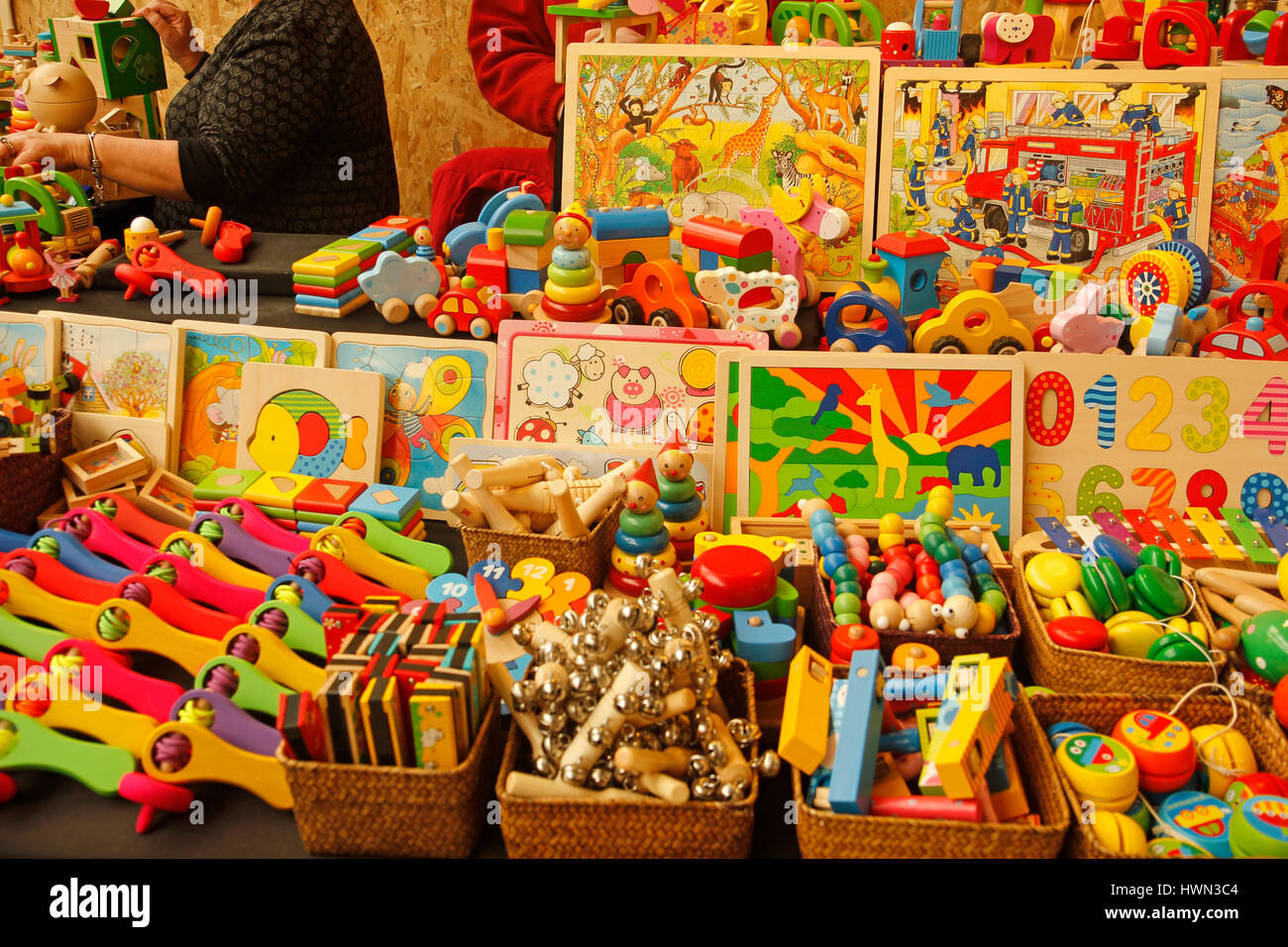 Wooden toys for sale. Stock Photo