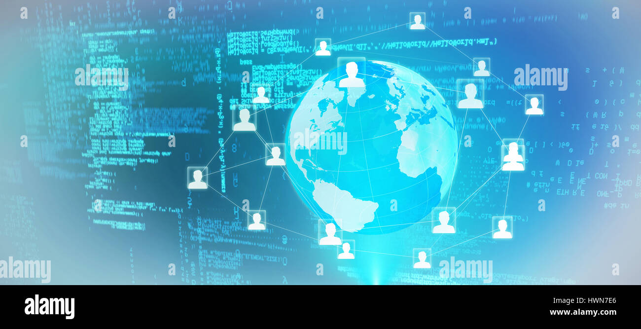 Blue codes against global technology background Stock Photo - Alamy
