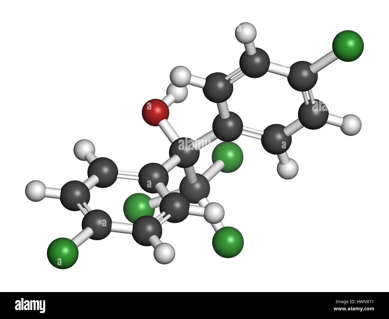 Dicofol organochlorine pesticide molecule. 3D rendering. Atoms are ...