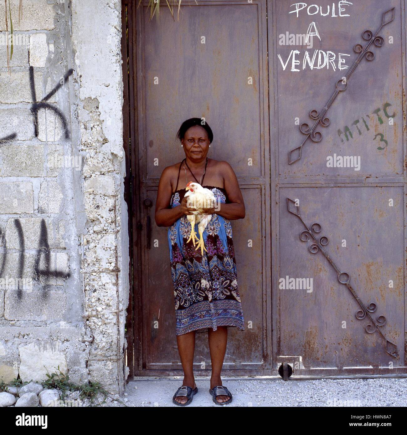 Haiti, Lilavois, Croix-des-Bouquets, Elizabeth Taylor, beneficiary of Osez l'Entreprise, chicken breeder Stock Photo