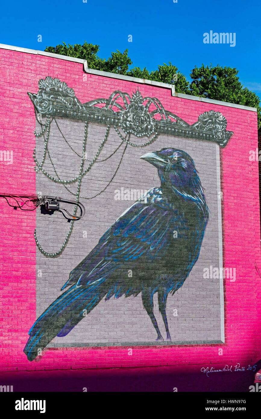 Canada,Province of Quebec,Montreal Le Corbeau The Crow by Melissa Del Pinto,Mural Festival 2015 Melissa Del Pinto is an artist based in Montreal,a painter whose work explores the encounter between her passion as a woman artist and that of the birds of her childhood. It is said that she began to do so while studying at a private school in Montreal where the teaching sisters raised canaries. She uses jointly aerosols and modern processes and a traditional approach to painting for a unique and innovative work,tinged with romance and nostalgia. Stock Photo
