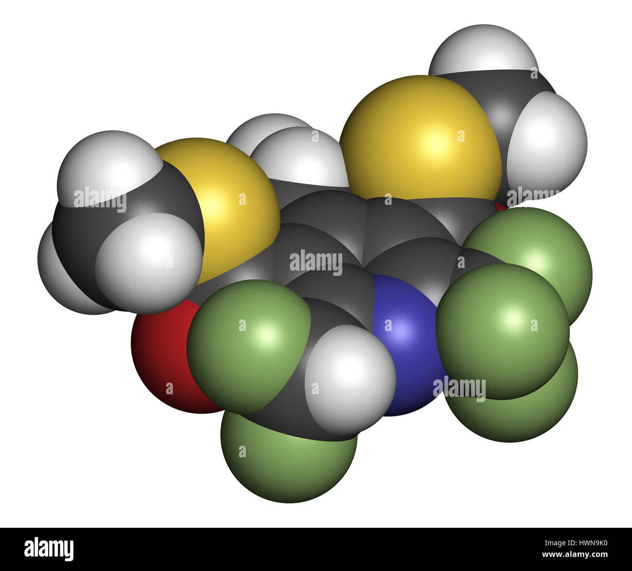 Dithiopyr preemergent herbicide molecule. 3D rendering. Atoms are represented as spheres with conventional color coding: hydrogen (white), carbon (gre Stock Photo