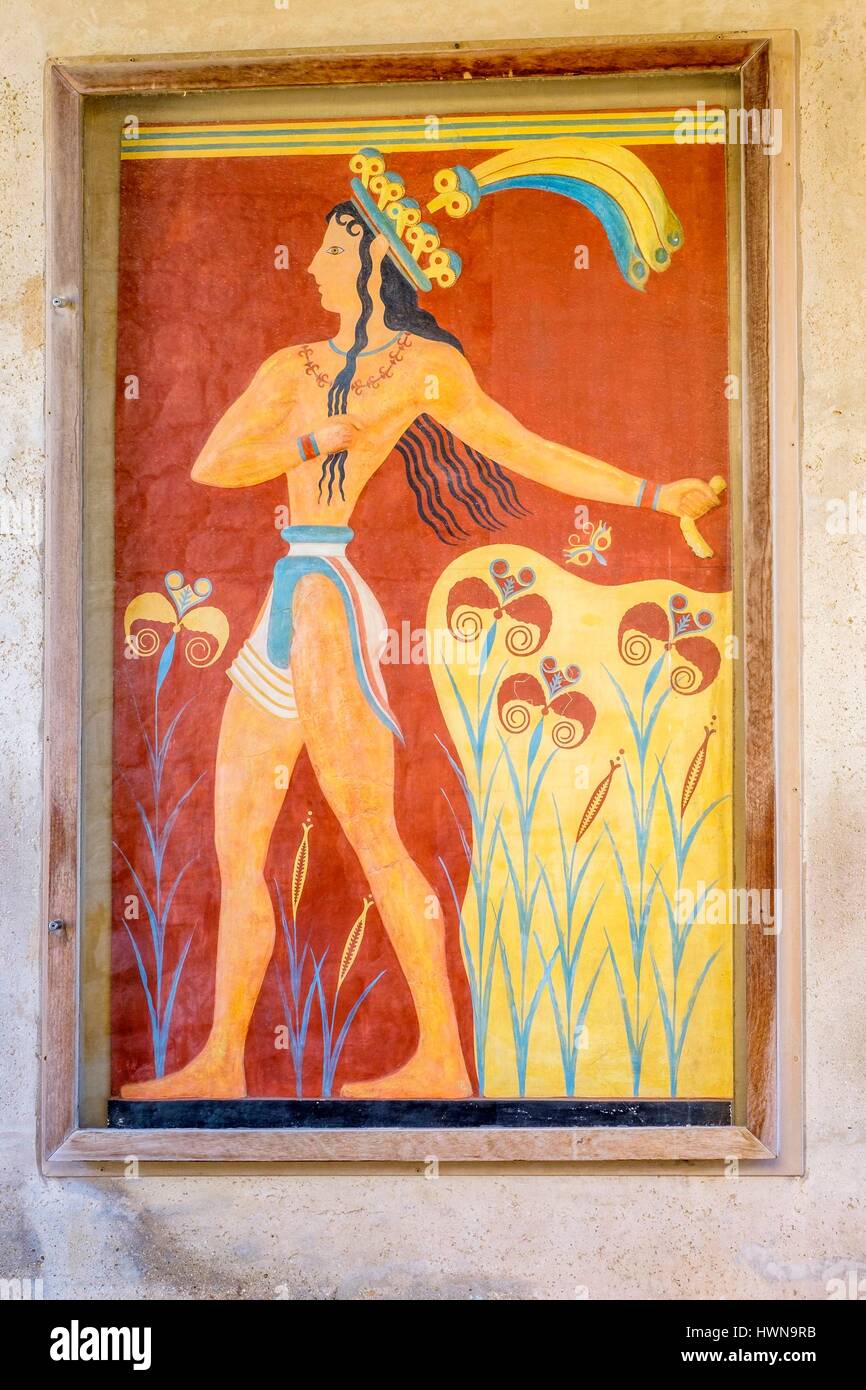 Greece, Crete, Heraklion, the archeological Minoan site of Knossos, Prince of Lilies or Priest-king Relief Stock Photo