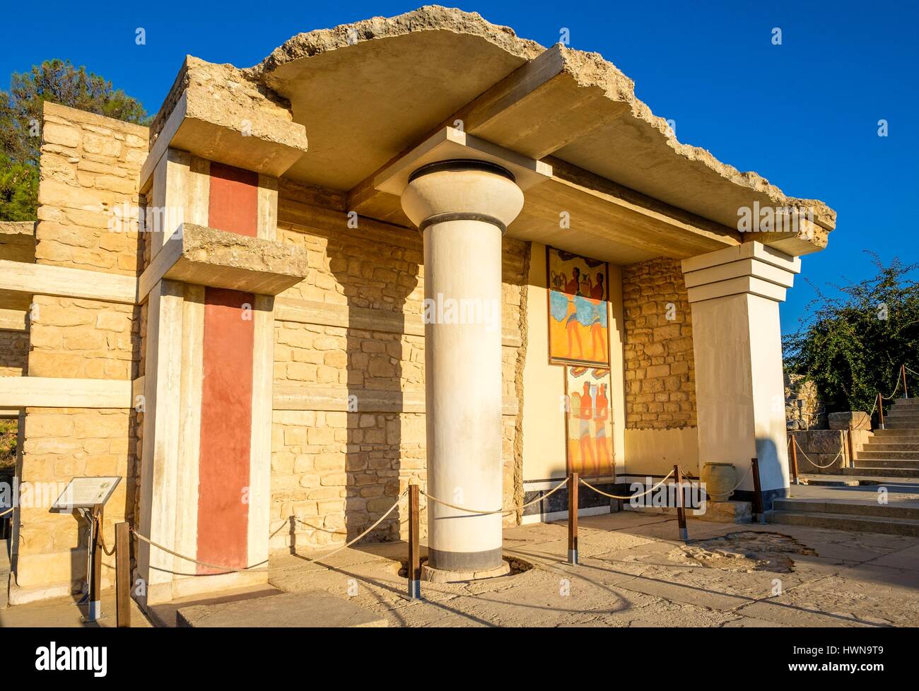 Greece, Crete, Heraklion, the archeological Minoan site of Knossos, South Propylaeum and the fresco of the Procession Stock Photo