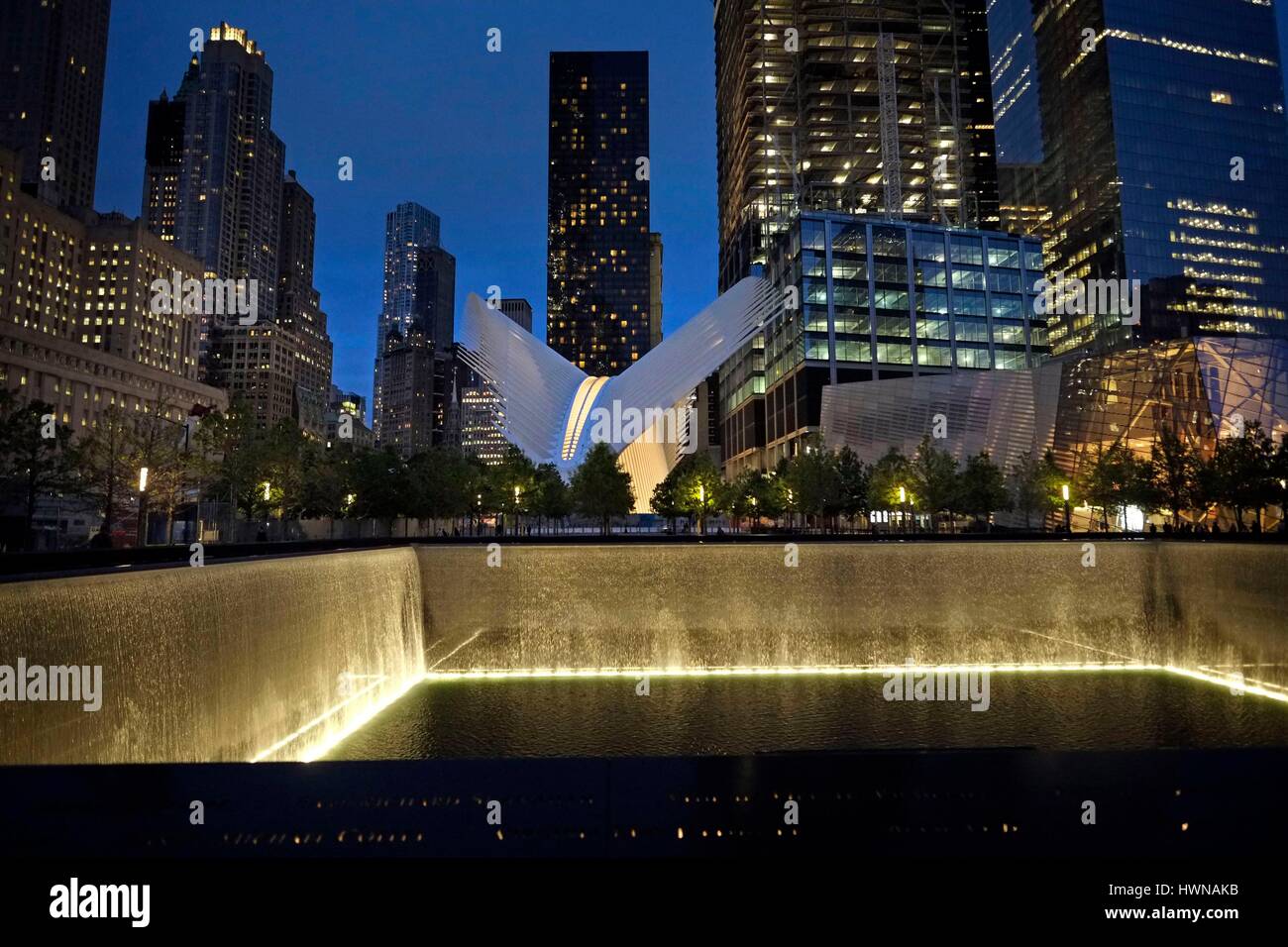 United States of America, New York, Manhattan, the National September 11 Memorial & Museum also known as the 9/11 Memorial and 9/11 Memorial Museum commemorates the September 11, 2001 attacks which killed 2,977 people, Stock Photo