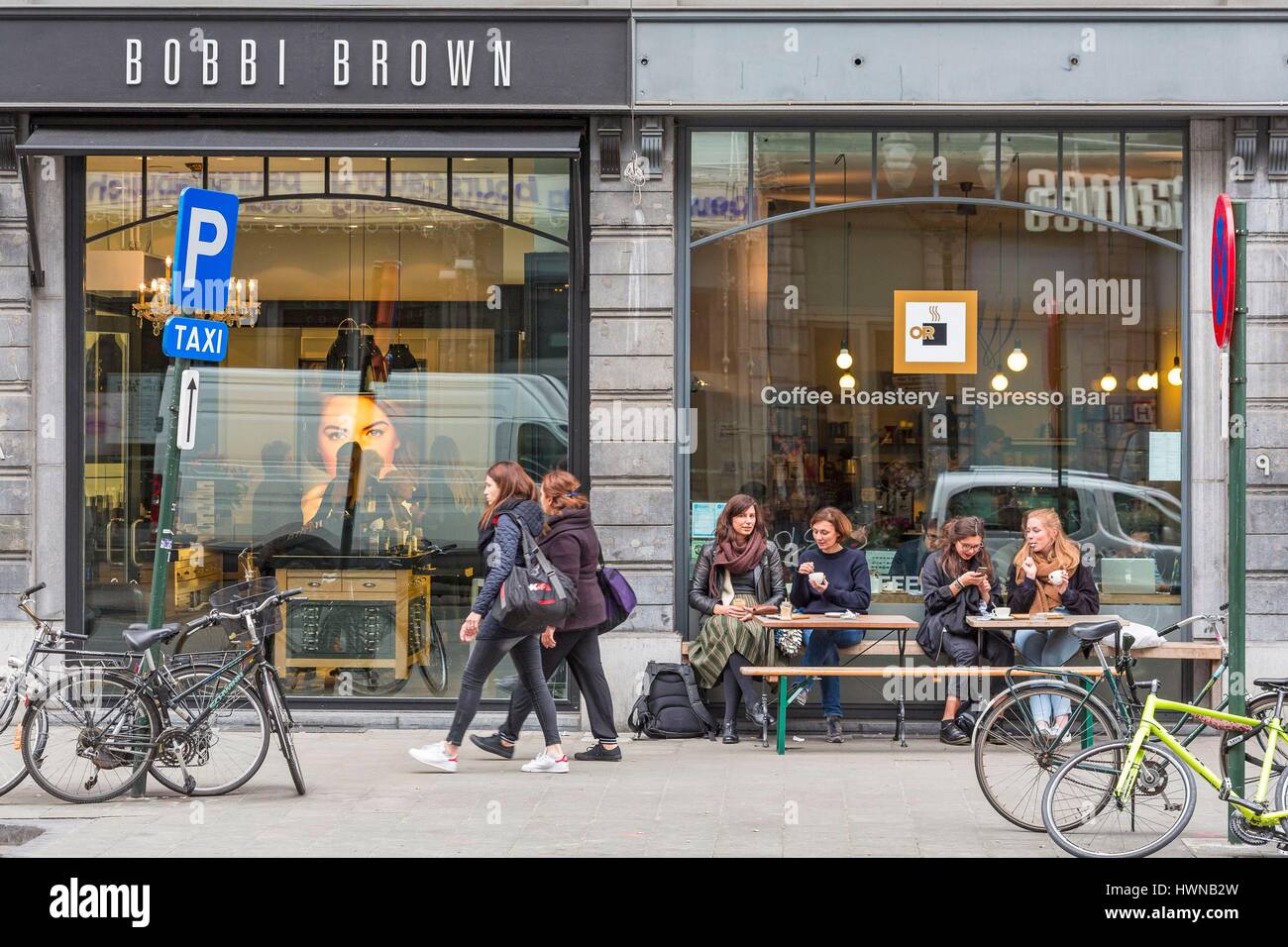 Belgium, Brussels, Senne district, Rue Auguste Orts, Bobbi Brown store and Espresso Bar OR Stock Photo