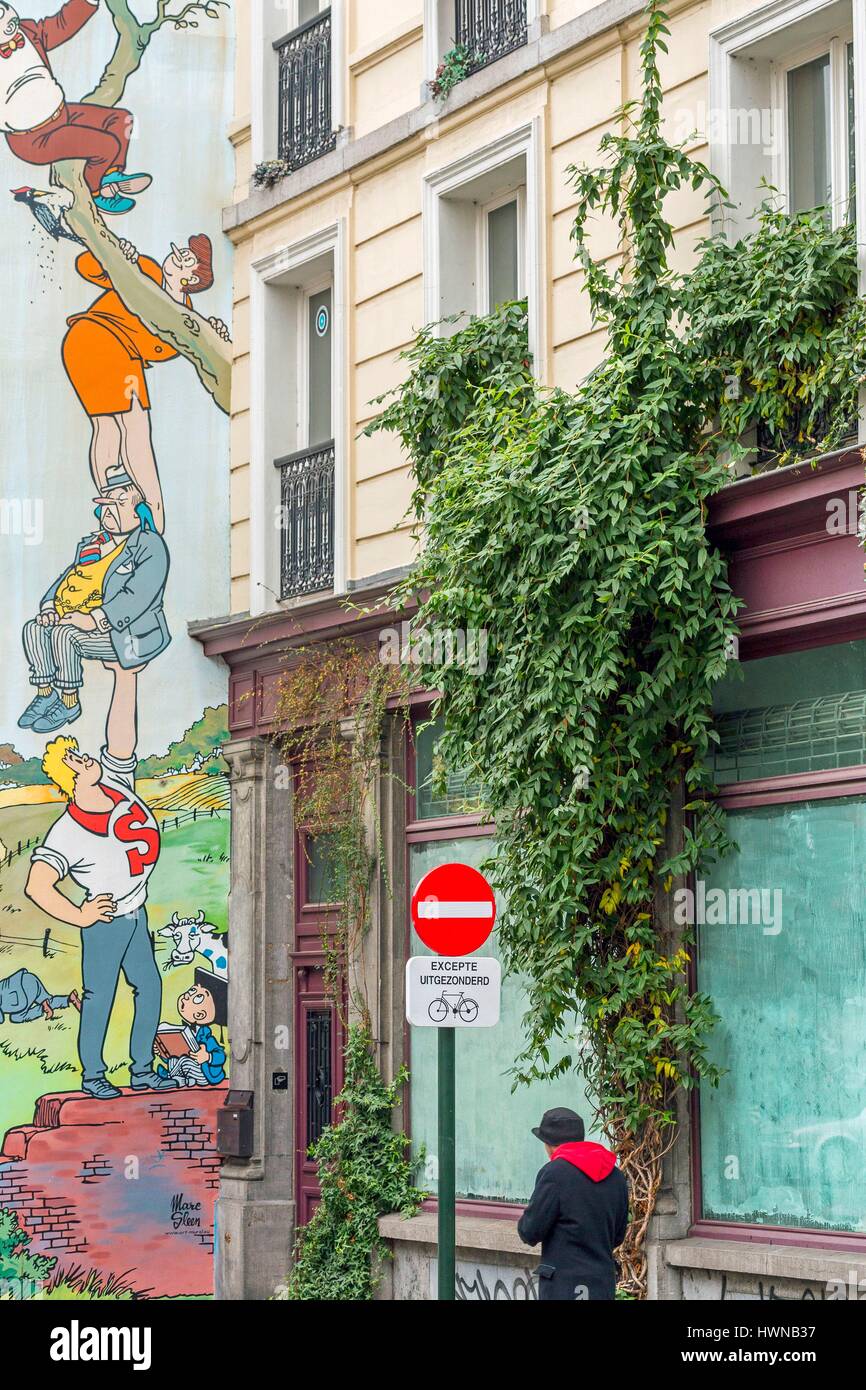 Belgium, Brussels, Place Saint Gery, mural fresco paying tribute to the Belgian comics of the series Nero by the designer Marc Sleen Stock Photo