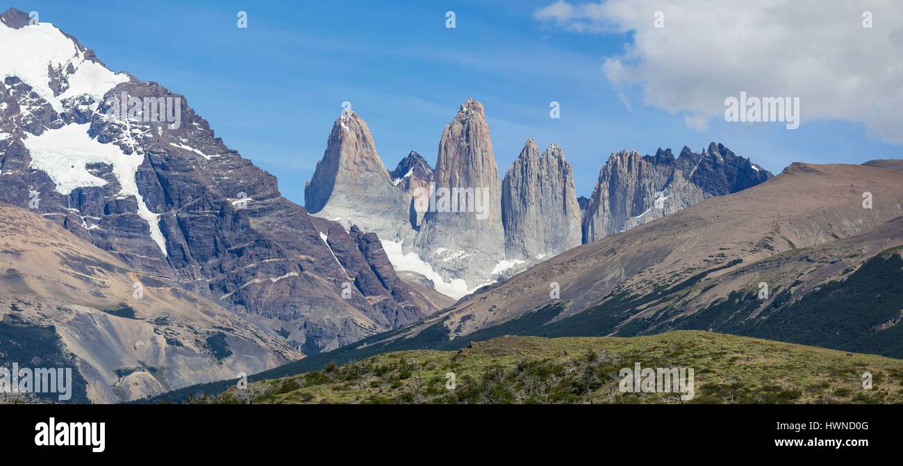 Chile, Patagonia, Aysen region, Torres del Paine national park, las Torres peaks Stock Photo