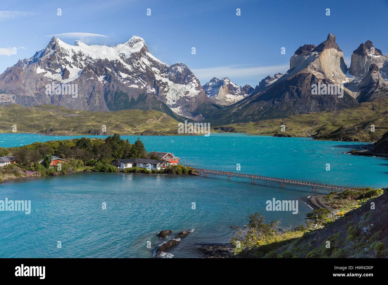Chile, Patagonia, Aysen region, Torres del Paine national park, hotel and Pehoe lake Stock Photo