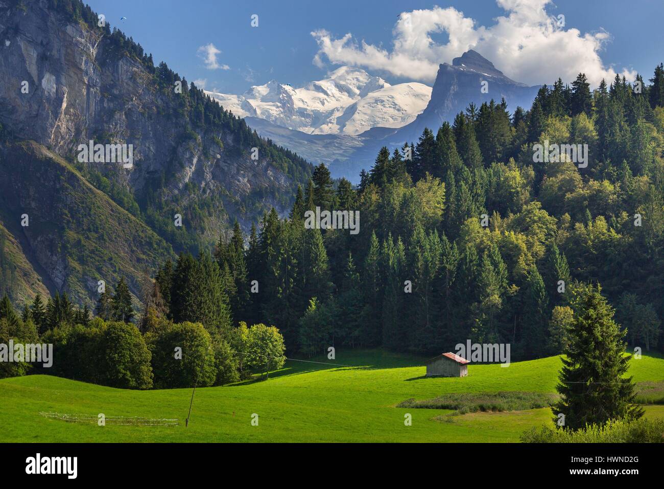 France, Haute Savoie, Samoëns, the Mont Blanc peak seen from the hamlet