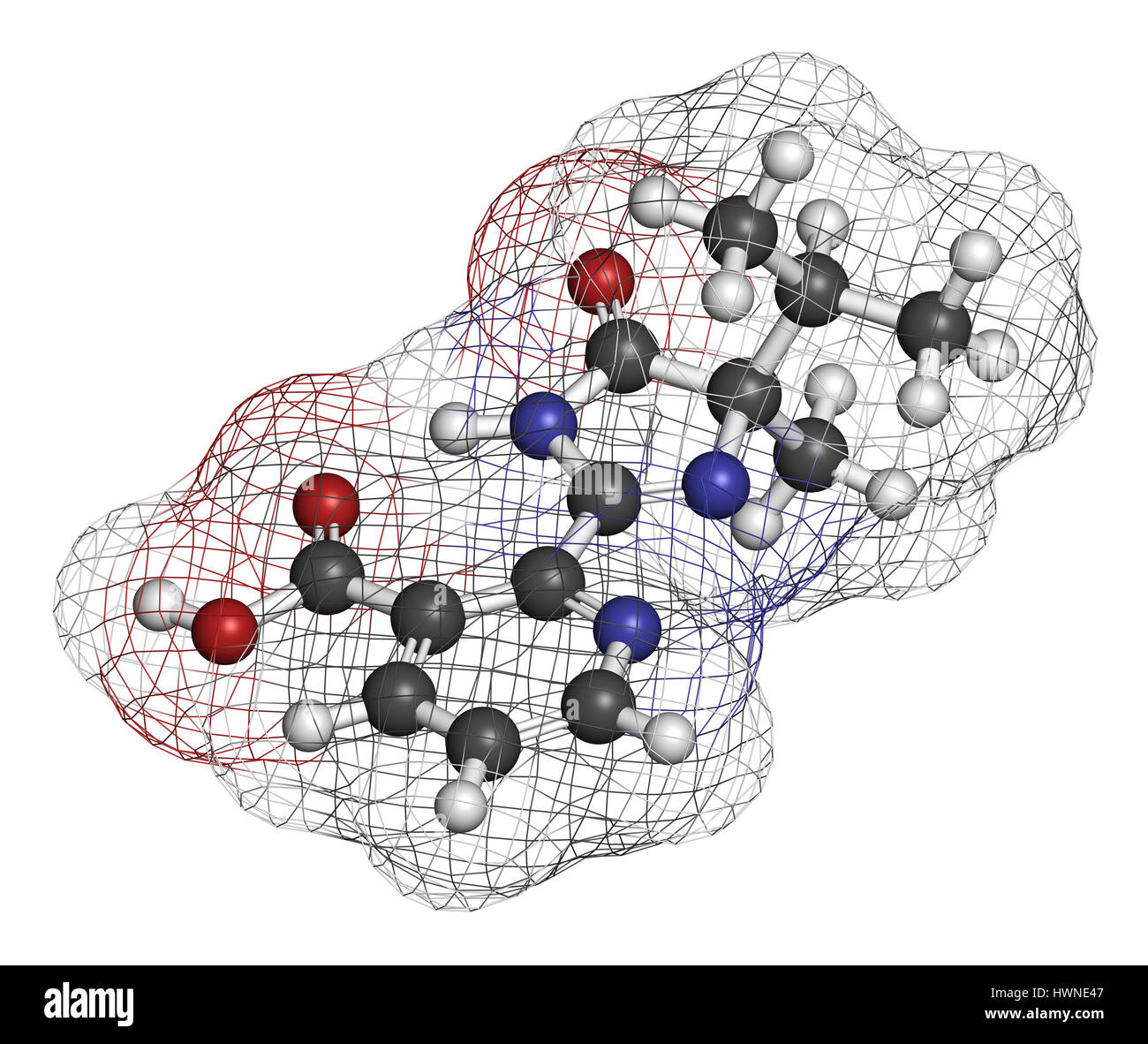 Imazapyr herbicide molecule. 3D rendering. Atoms are represented as spheres with conventional color coding: hydrogen (white), carbon (grey), nitrogen  Stock Photo