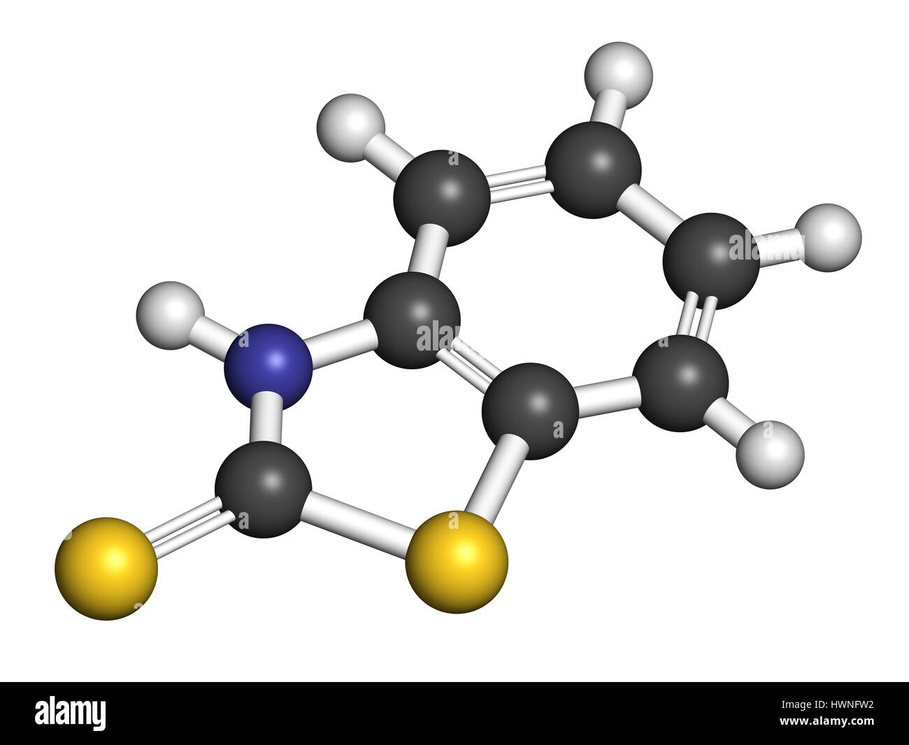 Mercaptobenzothiazole (MBT) skin sensitizer molecule. Used as rubber vulcanising agent. 3D rendering. Atoms are represented as spheres with convention Stock Photo