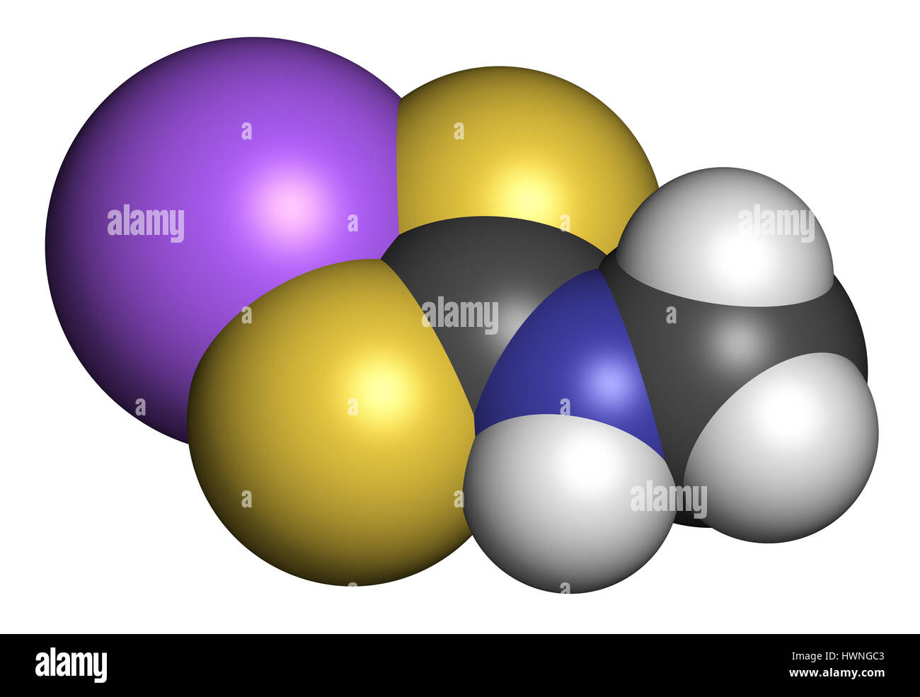 Metam sodium pesticide molecule. 3D rendering. Atoms are represented as spheres with conventional color coding: hydrogen (white), carbon (grey), nitro Stock Photo