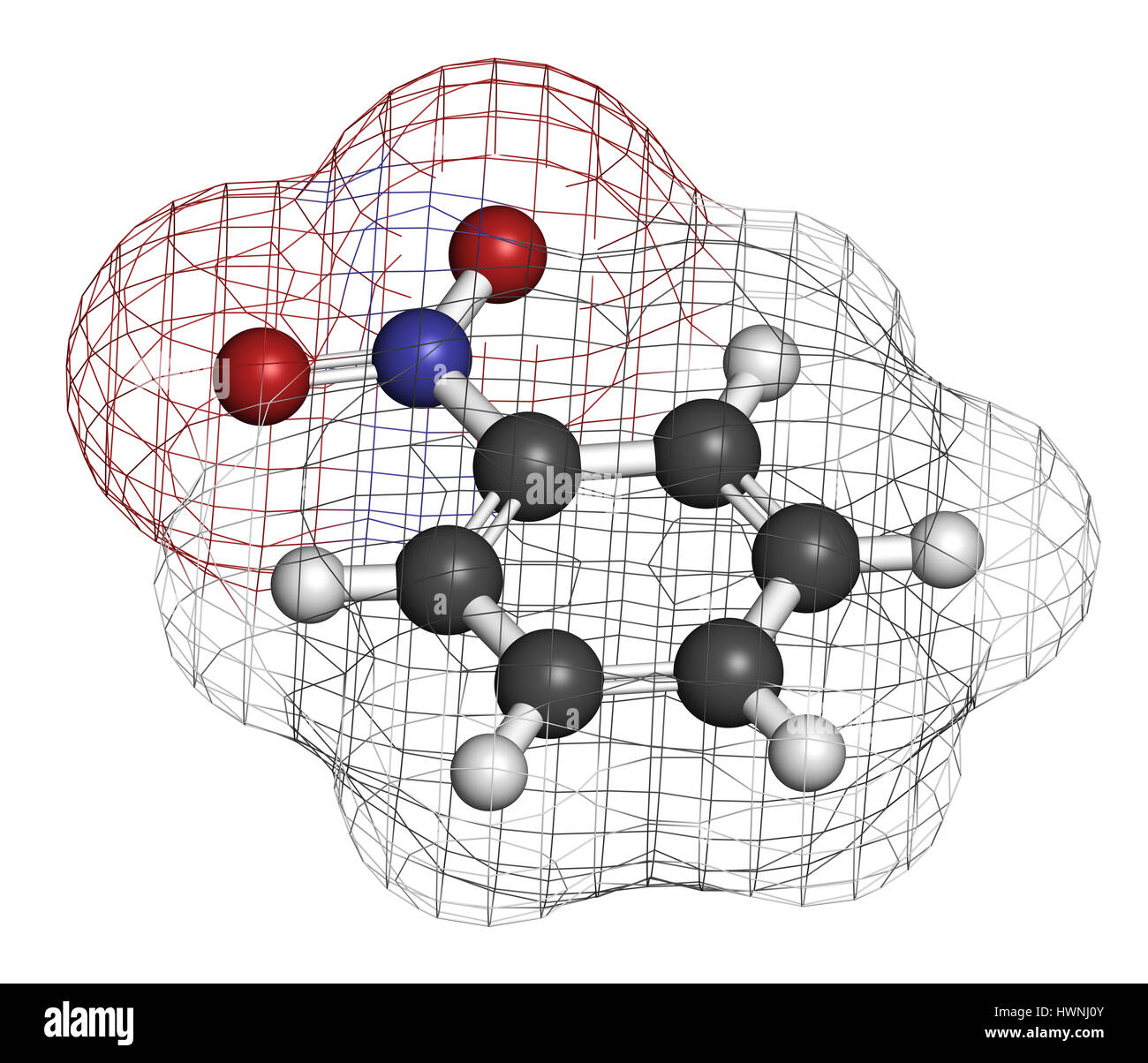 Nitrobenzene solvent molecule. 3D rendering. Atoms are represented as ...