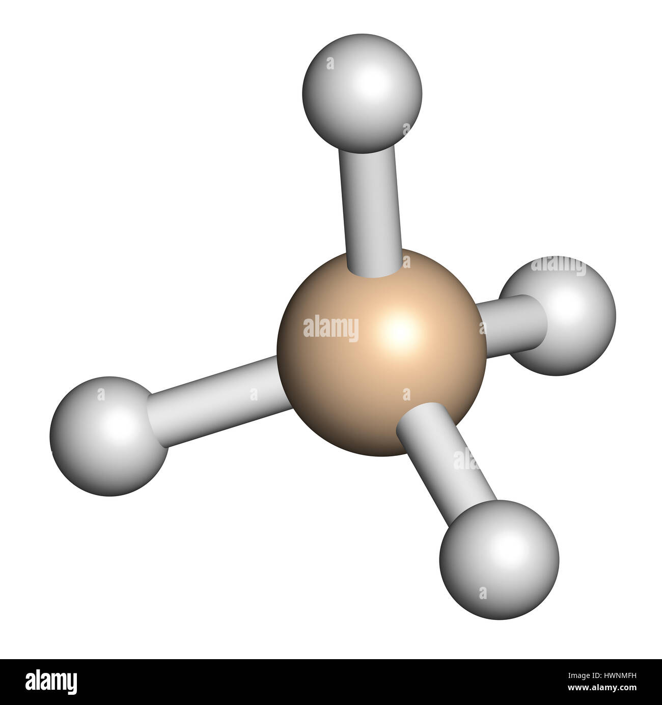 Silane (SiH4) molecule. 3D rendering. Atoms are represented as spheres ...