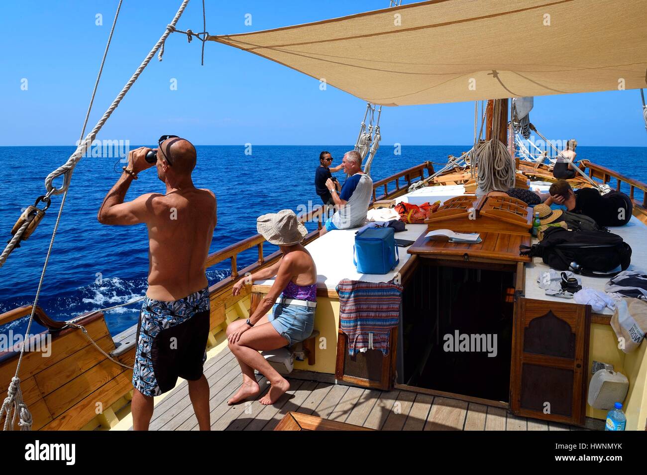 France, Alpes-Maritimes, Saint Jean Cap Ferrat, sea trip on the Santo Sospir boat with the SOS Grand Bleu association for watching dolphins and whales in the Pelagos Sanctuary Stock Photo