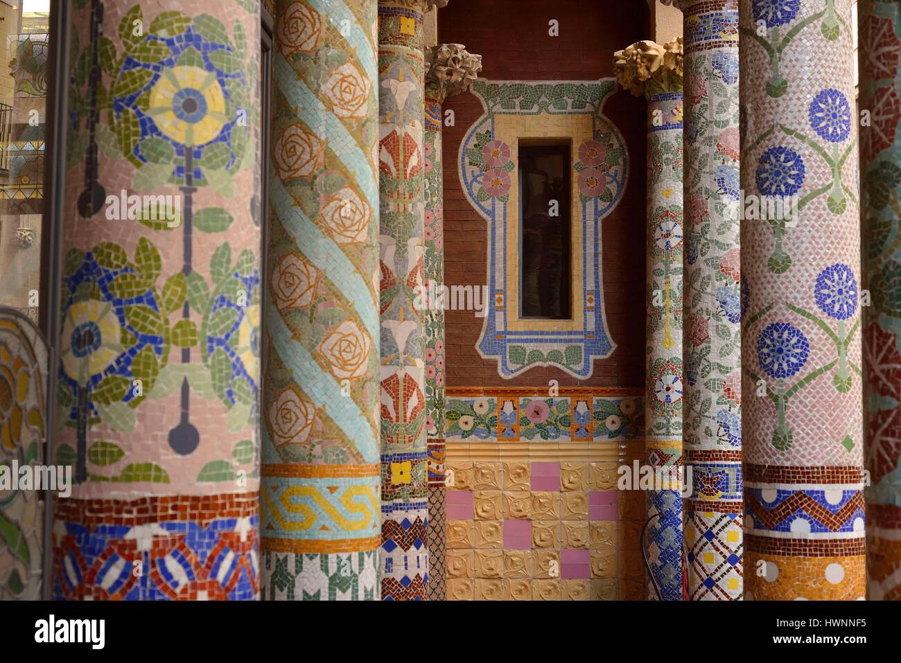 Spain, Catalonia, Barcelona, the Palau de la Musica Catalana (Palace of Catalan Music) listed as World Heritage by UNESCO, Modernist architecture by architect Domenech i Montaner, the columns of the exterior loggia Stock Photo