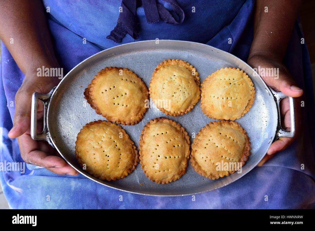 France, Guadeloupe (French West Indies), Grande-Terre, Saint Francois, Leonita Celini, caterer, spice market, fruits, vegetables, conc cakes Stock Photo