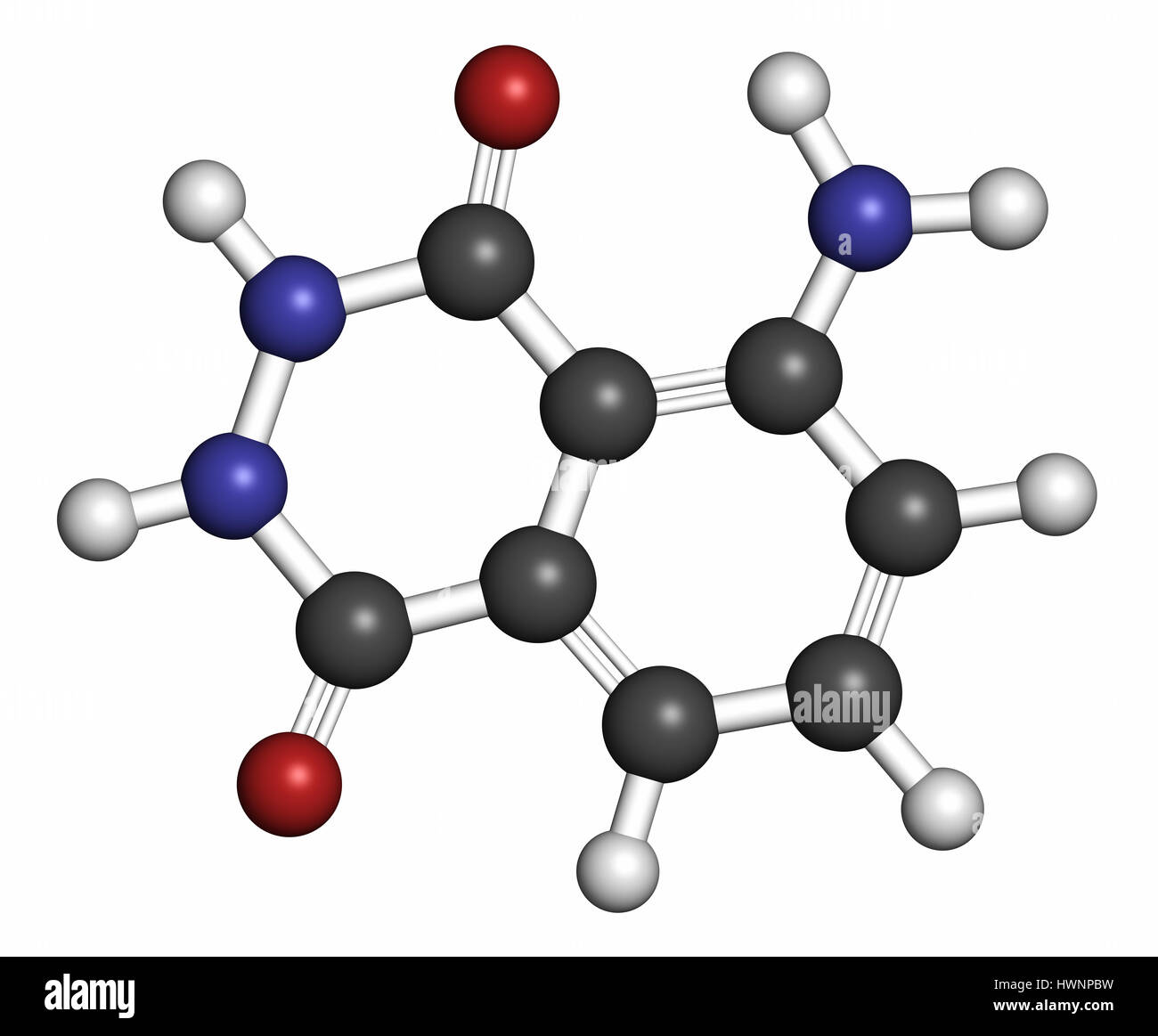 Luminol chemiluminescent molecule. Used to detect blood at crime scenes. 3D rendering. Atoms are