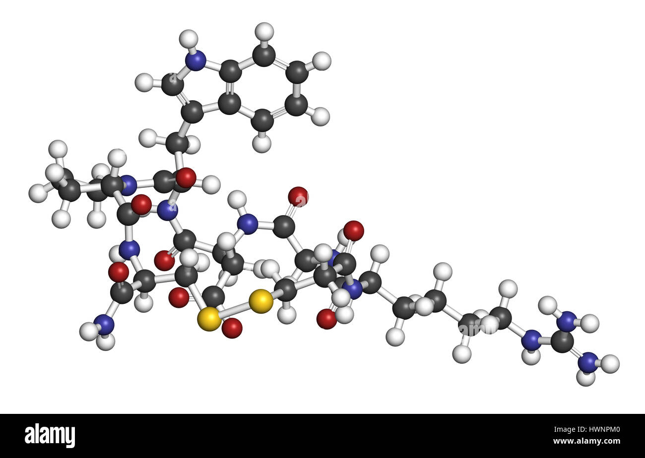 Eptifibatide anticoagulant drug molecule. 3D rendering. Atoms are