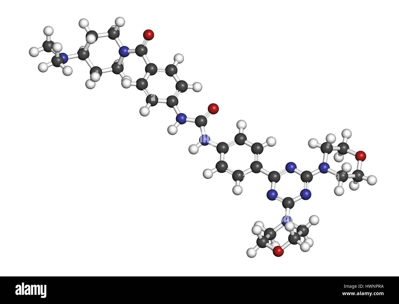 Gedatolisib cancer drug molecule. 3D rendering. Atoms are represented as spheres with conventional color coding: hydrogen (white), carbon (grey), nitr Stock Photo