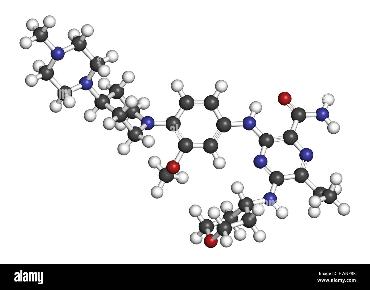 Gilteritinib cancer drug molecule (kinase inhibitor). 3D rendering. Atoms are represented as spheres with conventional color coding: hydrogen (white), Stock Photo