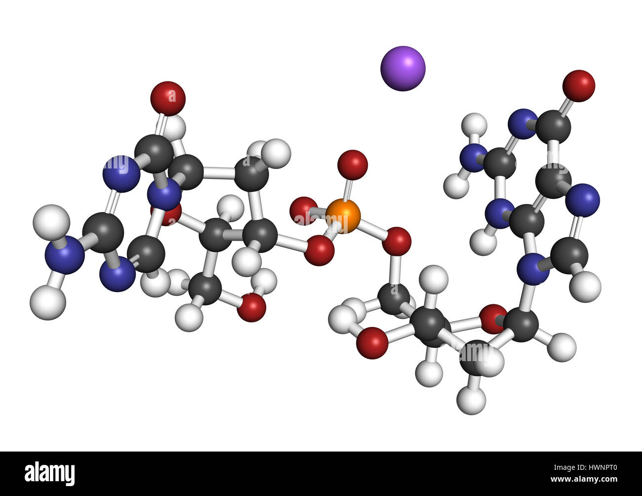 Guadecitabine cancer drug molecule (DNA methyltransferase inhibitor). 3D rendering. Atoms are represented as spheres with conventional color coding: h Stock Photo