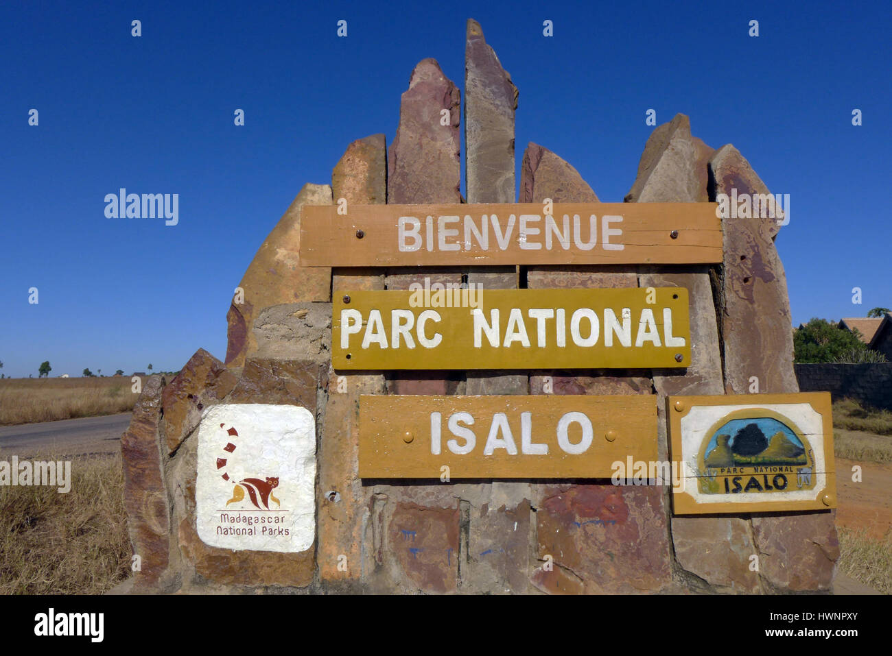 Sign for Isalo National park just outside of Ranohira Madagascar Stock Photo