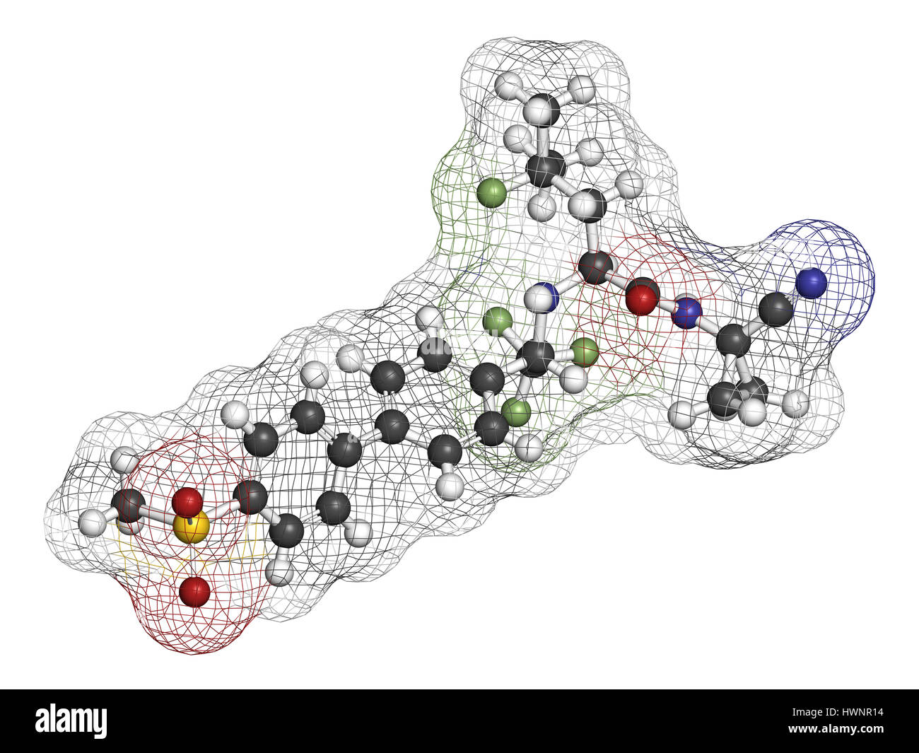 Odanacatib osteoporosis and bone metastasis drug molecule. Inhibitor of cathepsin K. 3D rendering. Atoms are represented as spheres with conventional  Stock Photo