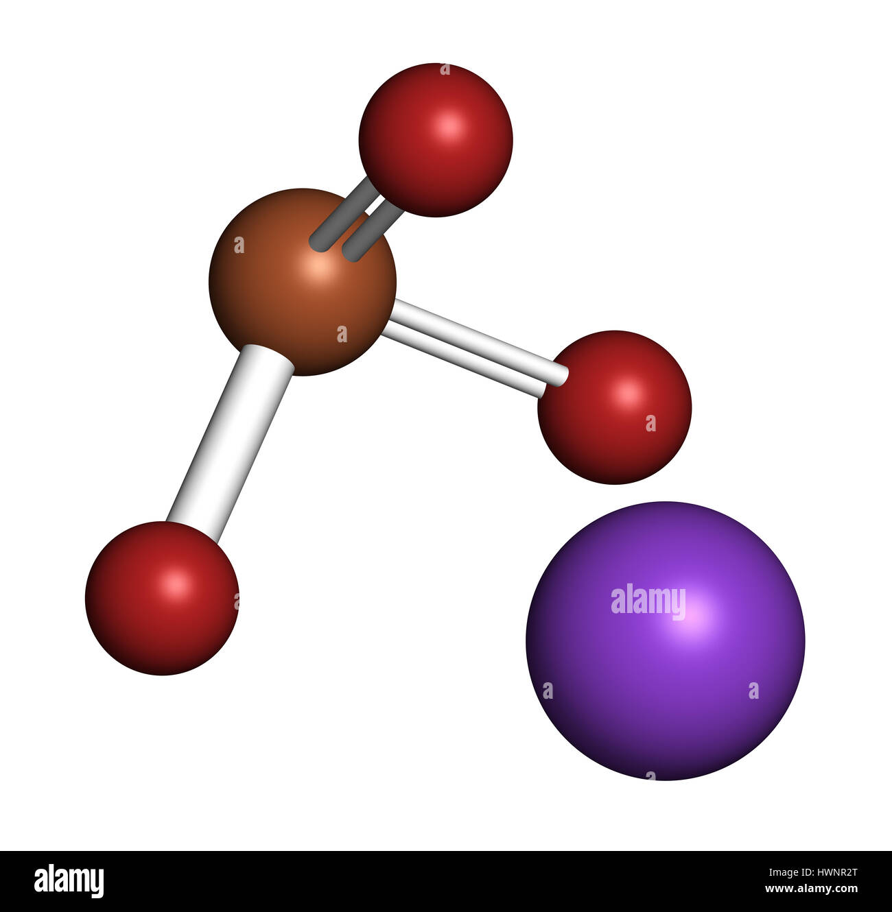 Potassium bromate (KBrO3, E924). Used as additive to flour in the baking of bread. 3D rendering