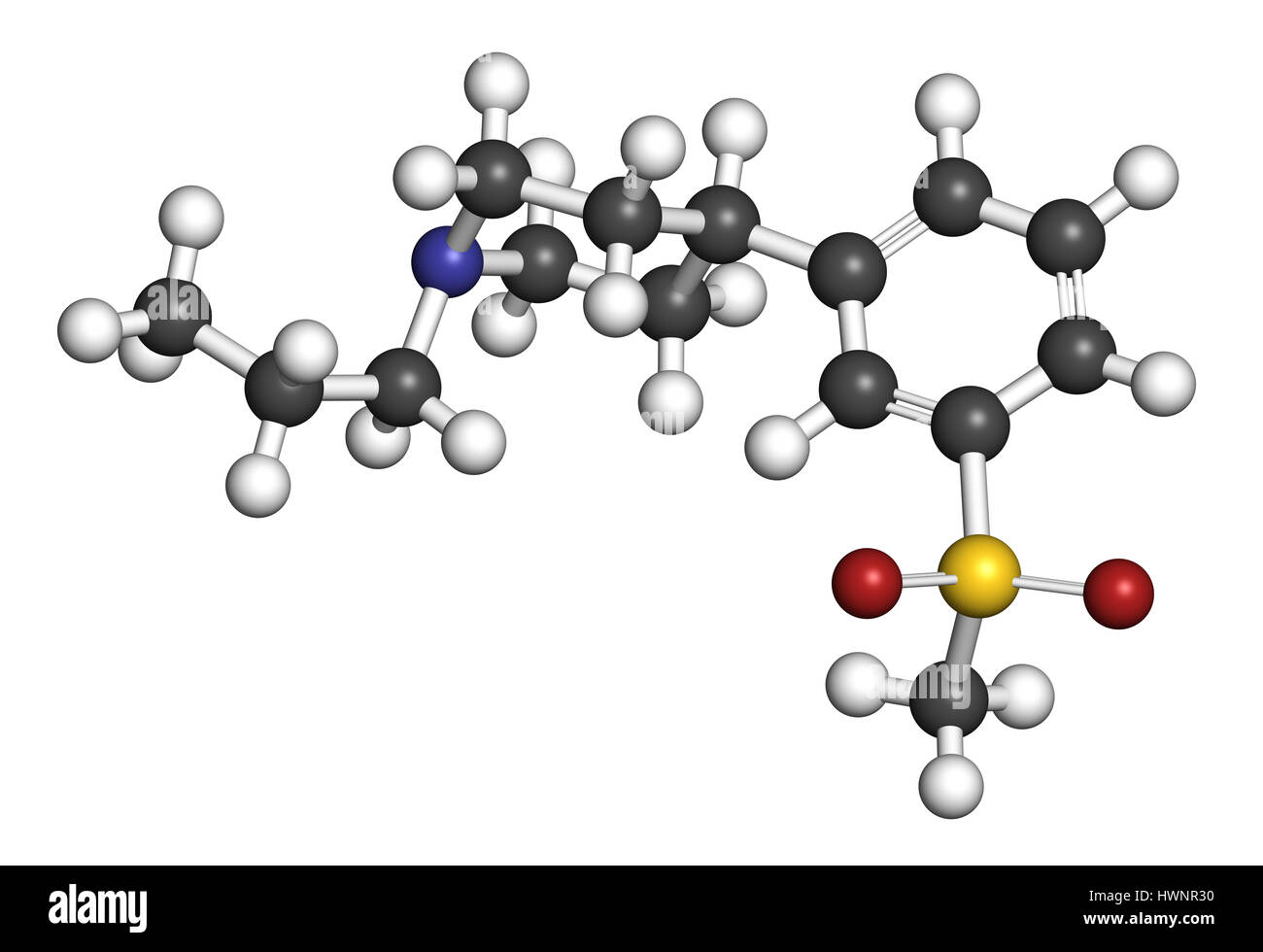 Pridopidine Huntington's disease drug molecule. 3D rendering. Atoms are