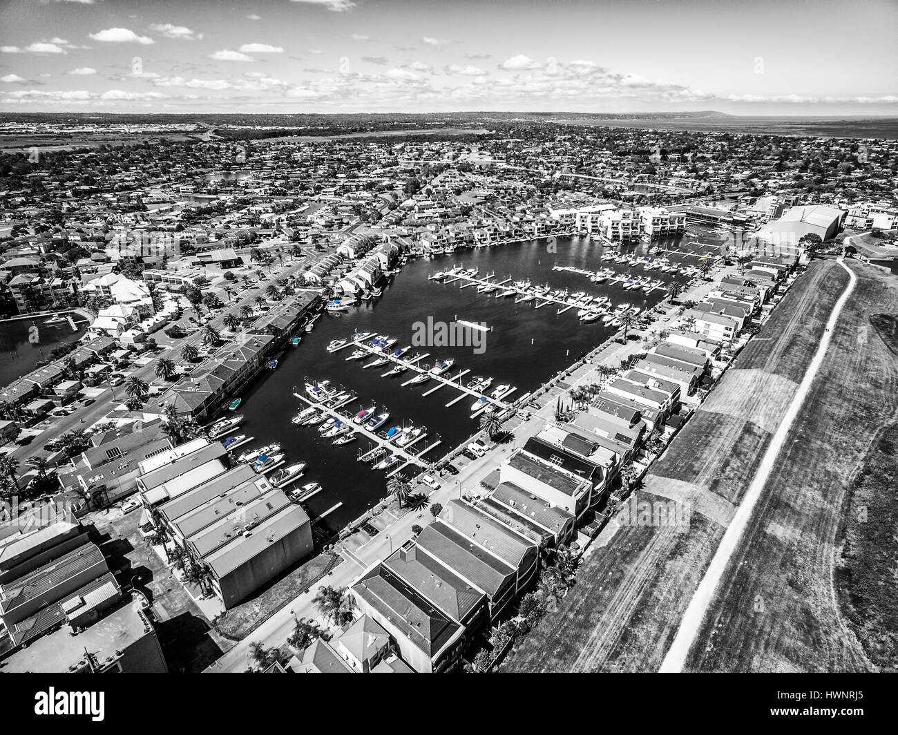 Black and white aerial view of Patterson river and Patterson Lakes suburb, Melbourne, Australia Stock Photo