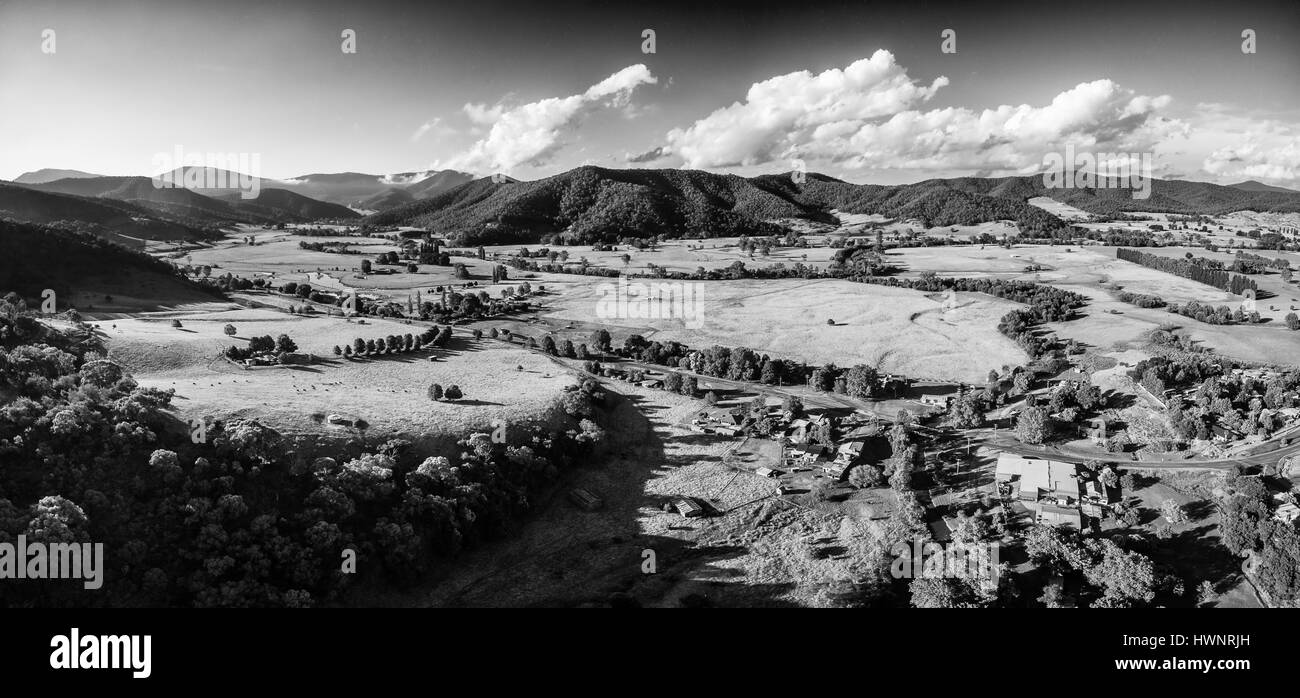 Black and white aerial landscape of Australian countryside at sunset. Stock Photo