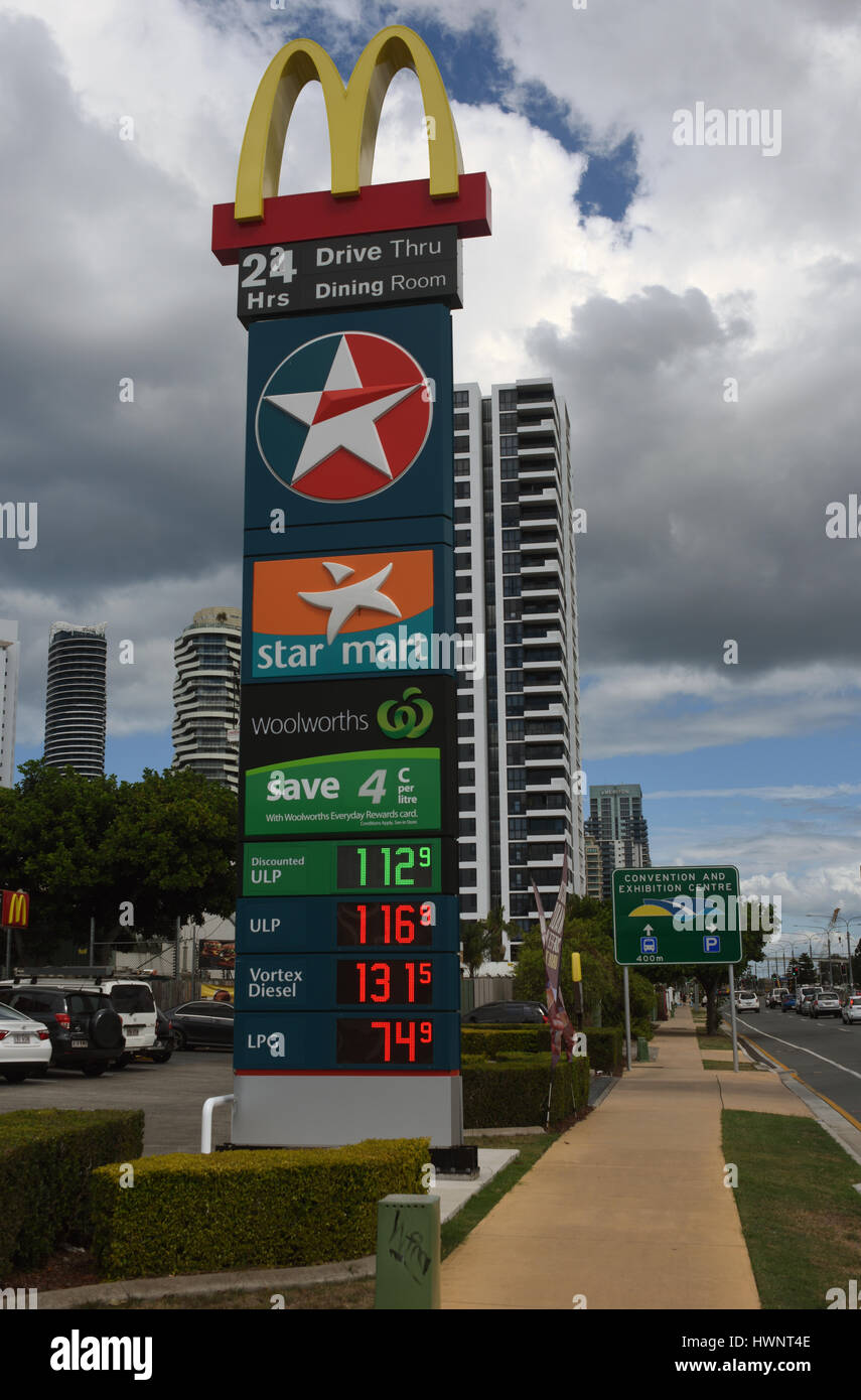 Caltex Woolworths petrol station and McDonalds sign Stock Photo