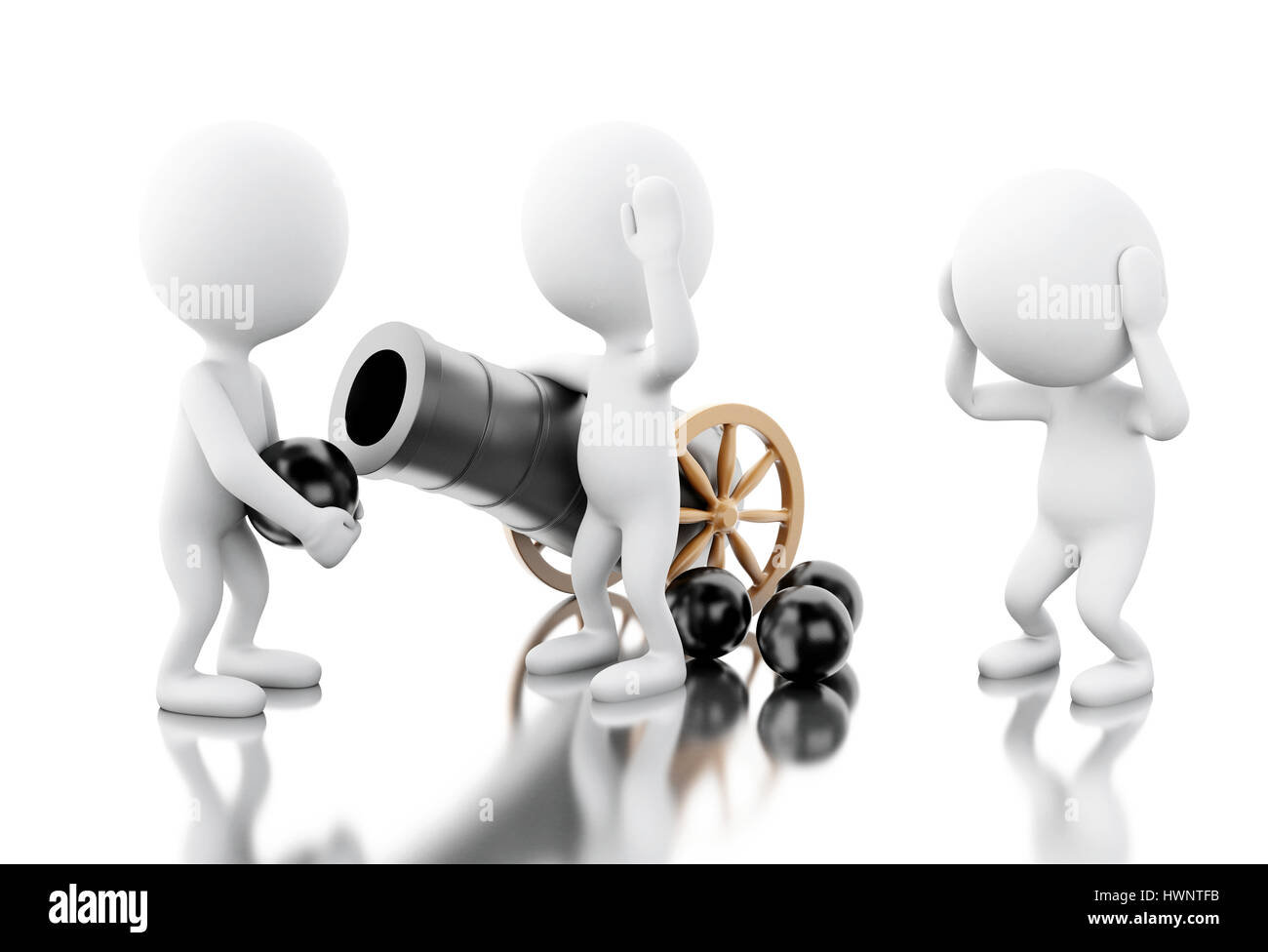 3d illustration. White people with old cannon and cannonballs. Isolated white background Stock Photo