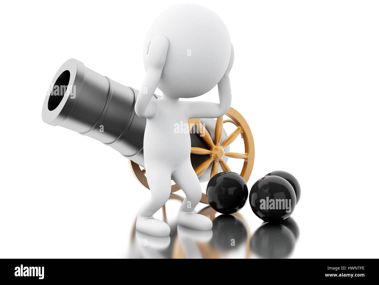 3d illustration. White people with old cannon and cannonballs. Isolated white background Stock Photo