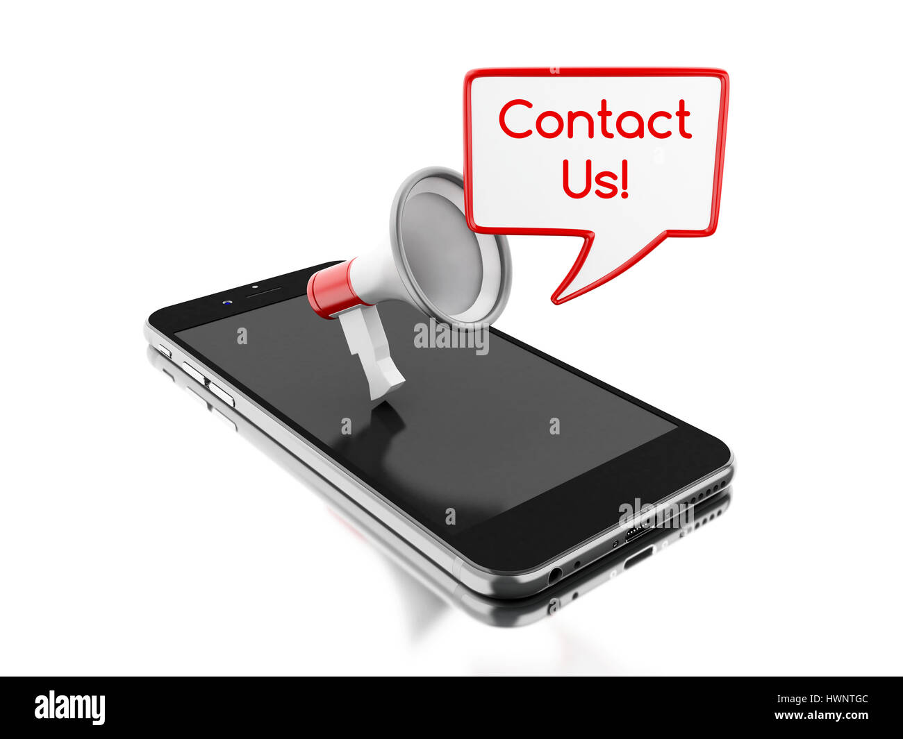 3d illustration. Smartphone with megaphone and bubble speech with 'contact us' text. Networking concept. Isolated white background Stock Photo