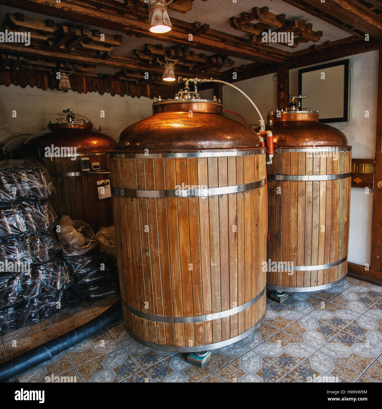 barrels for maturation of beer Stock Photo Alamy