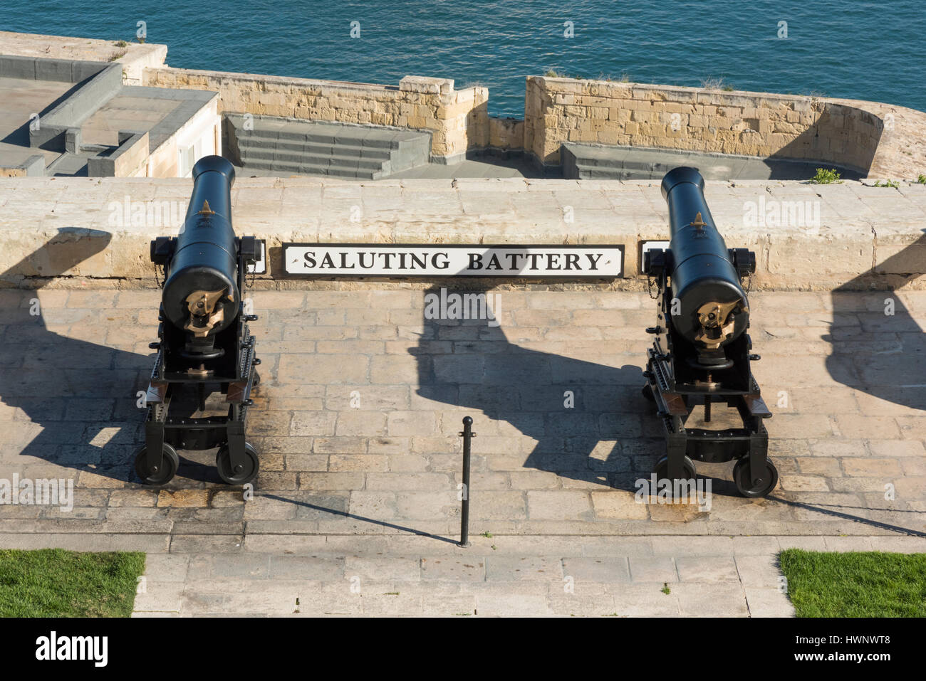 Canons at the saluting battery at Valetta Malta overlookingthe Grand Harbour Stock Photo