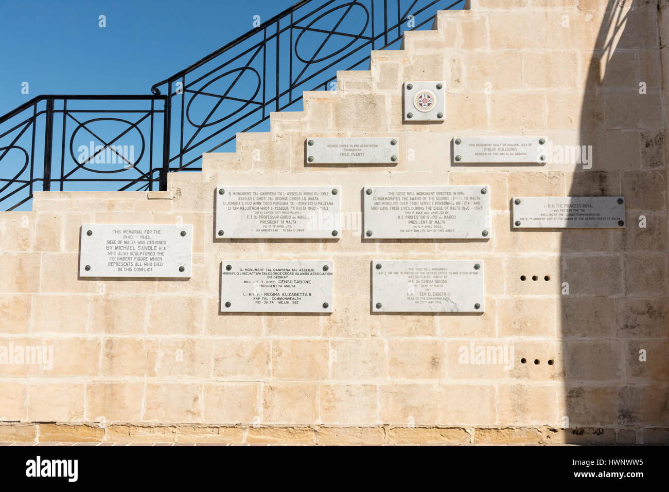 Plaques on a wall at the World War two war memorial at Valetta Malta